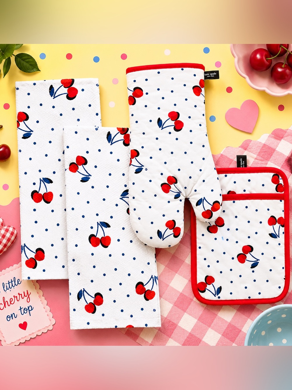 kate spade Cherry Polka Oven Mitt & Towel Set - White/Red/Navy